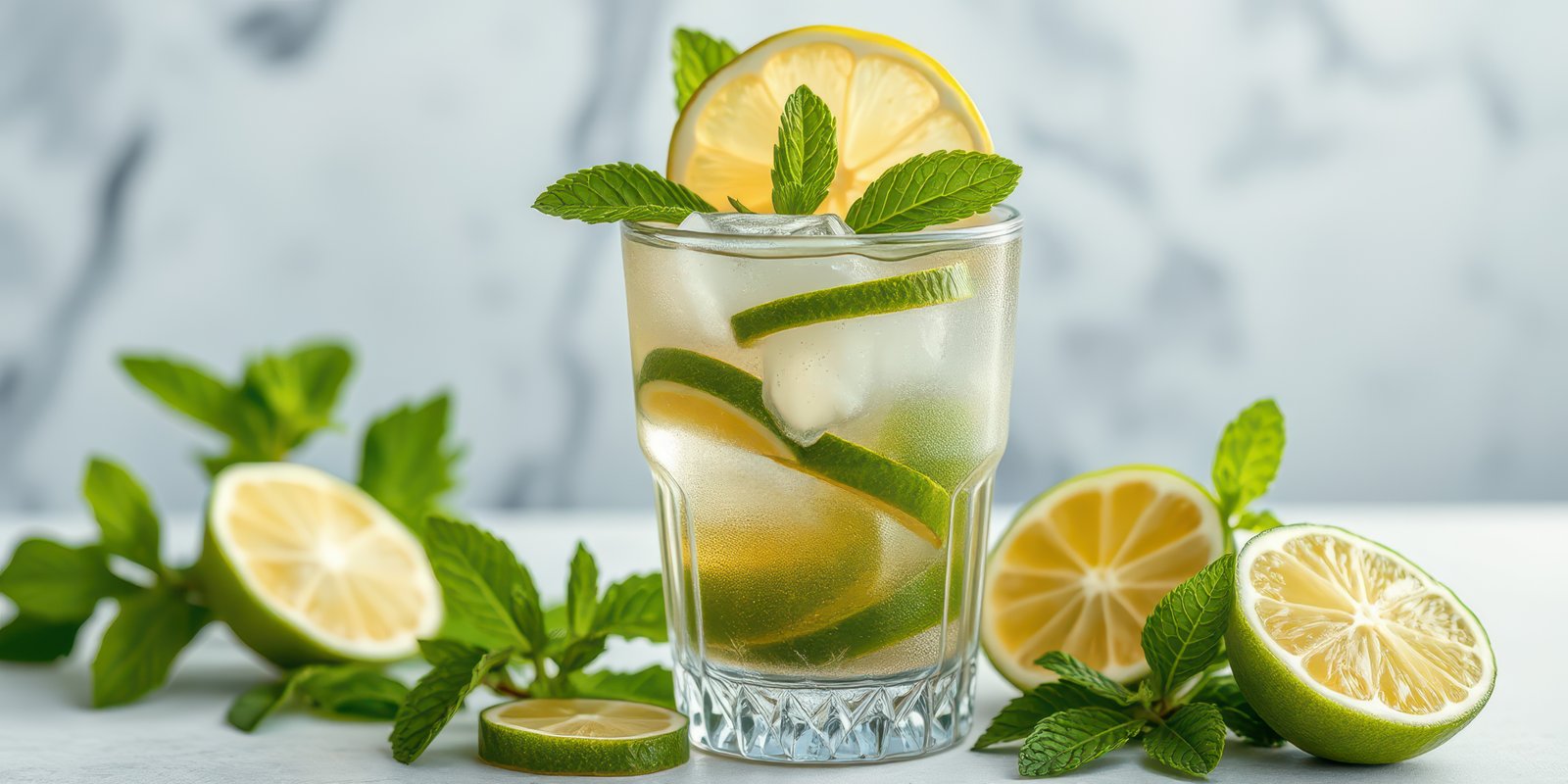 Refreshing mint lemonade with fresh lime slices on a marble surface during a sunny afternoon